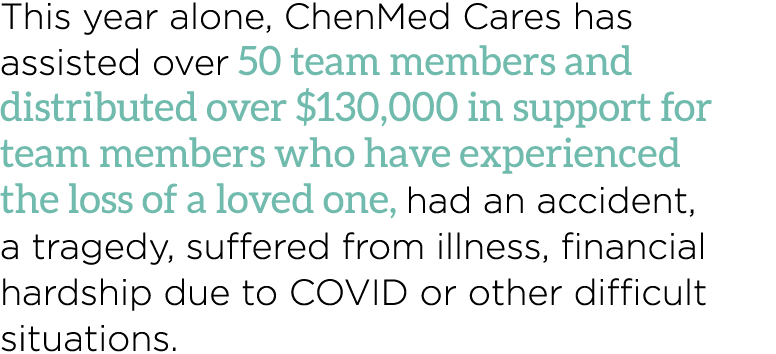 This year alone, ChenMed Cares has assisted over 50 team members and distributed over  130,000 in support for team me   